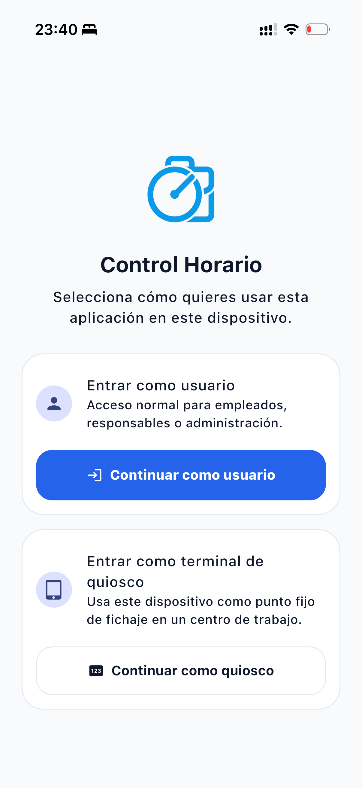 Pantalla de inicio de Control Horario