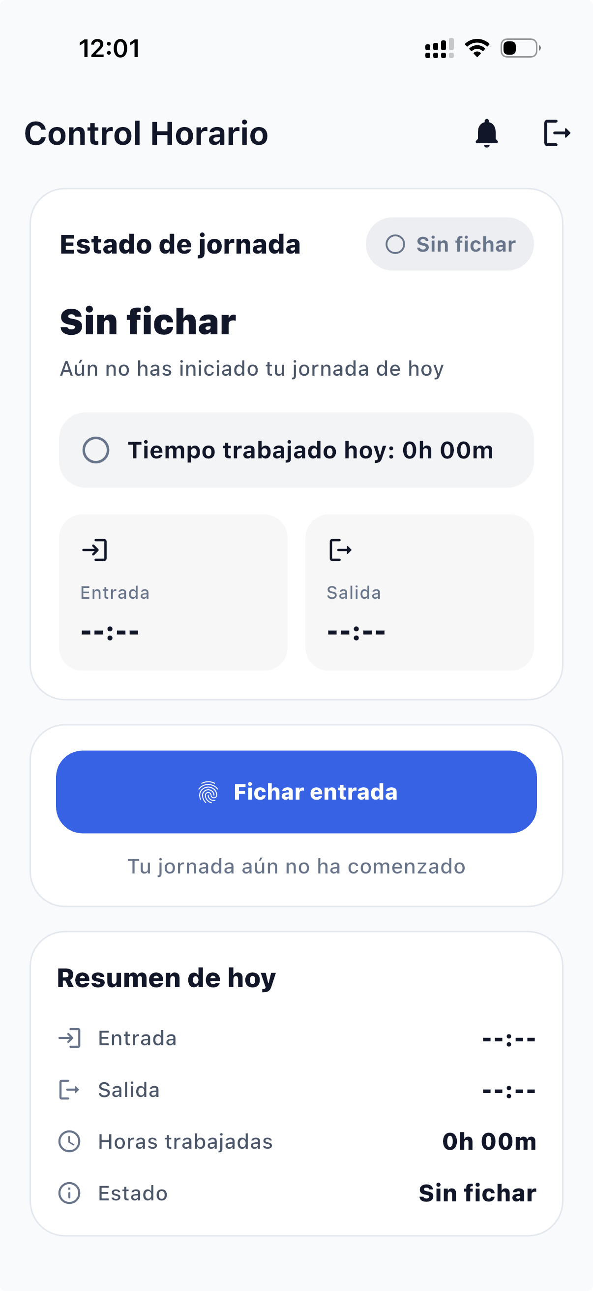 Pantalla principal — Sin fichar