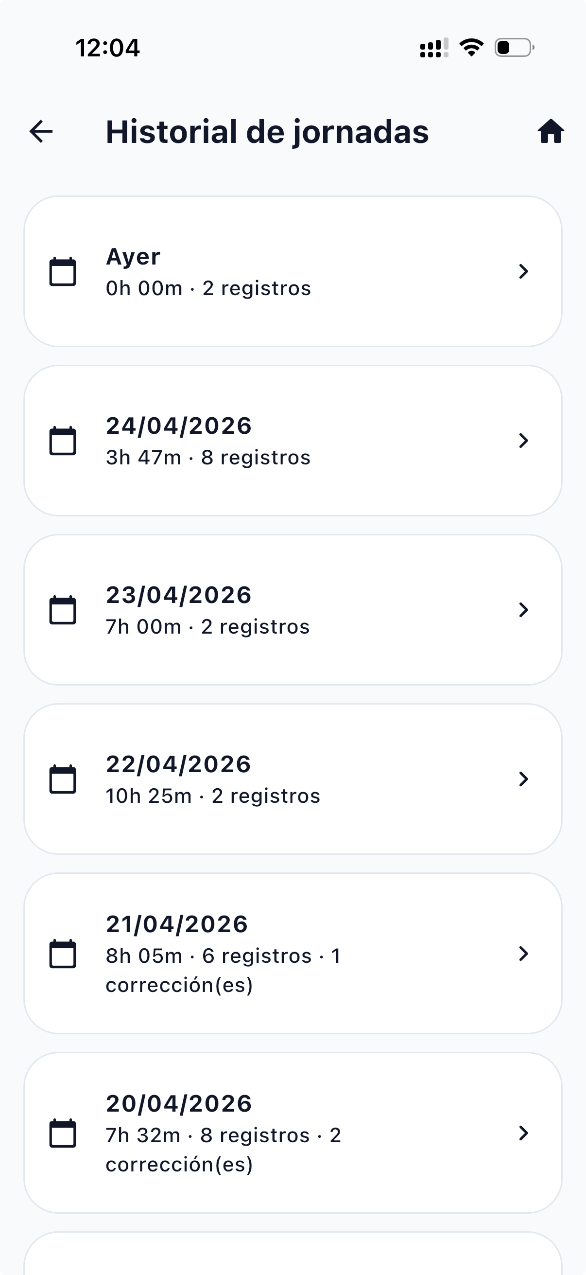 Historial de jornadas — lista