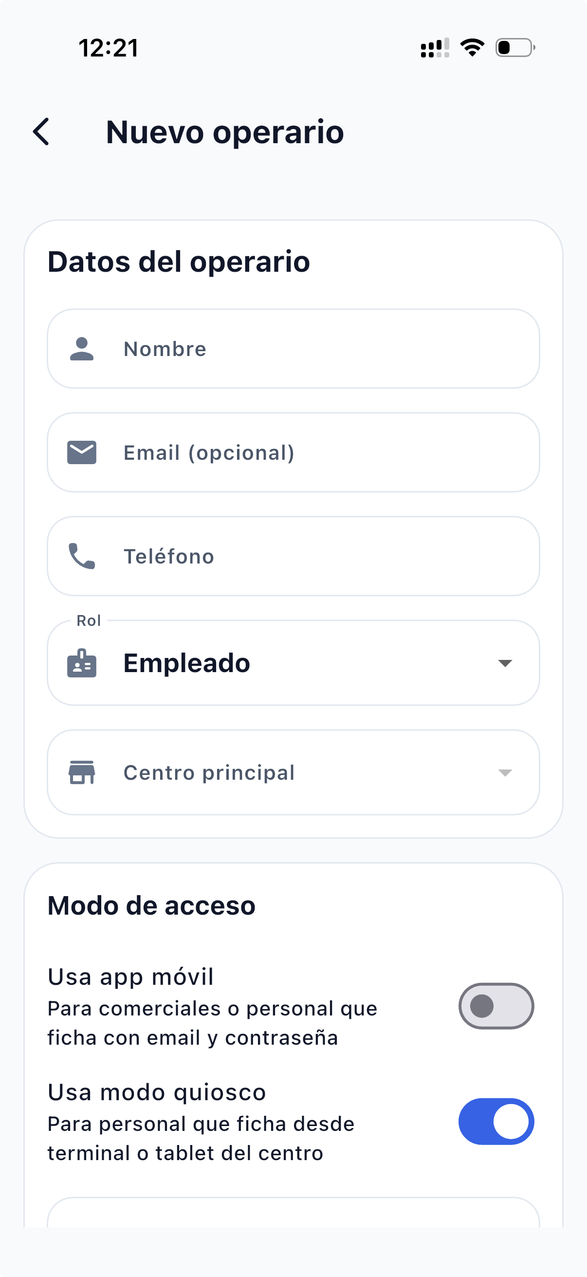 Nuevo operario — datos y modo de acceso