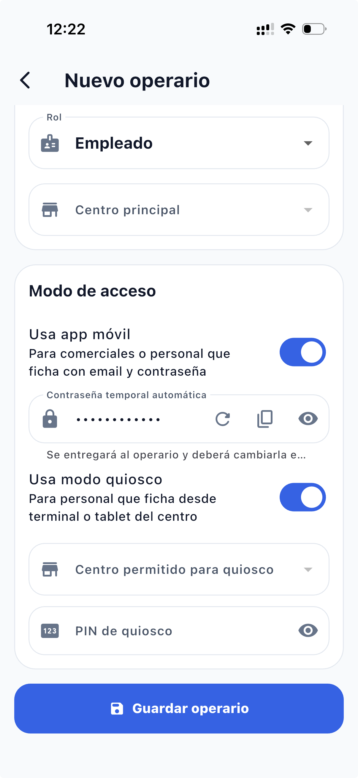 Nuevo operario — contraseña y PIN quiosco