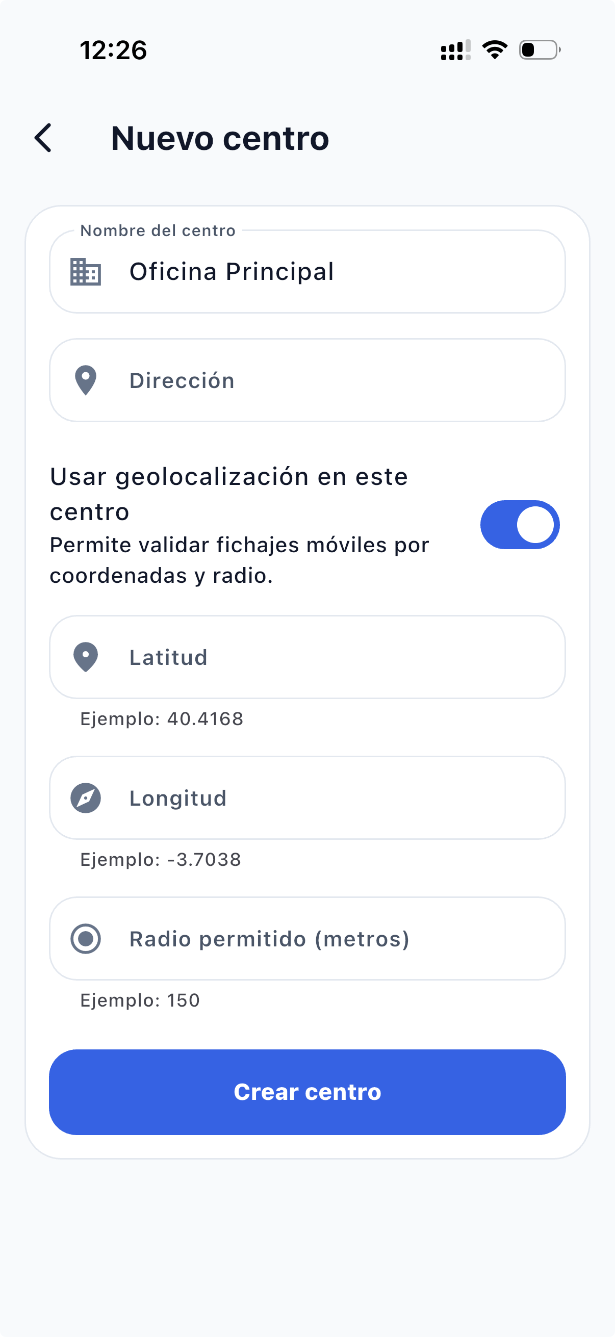 Formulario nuevo centro con geolocalización