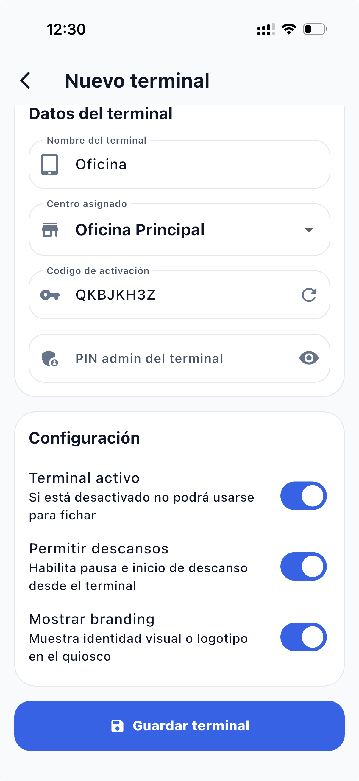 Nuevo terminal — configuración y código