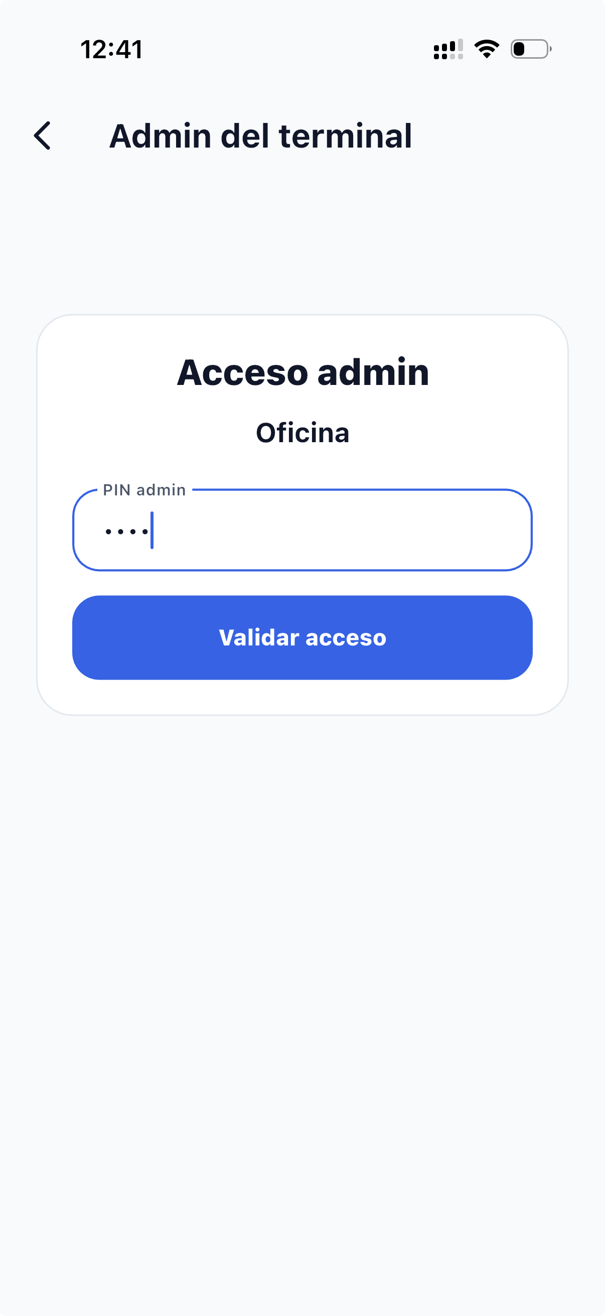 Acceso admin del terminal — PIN admin