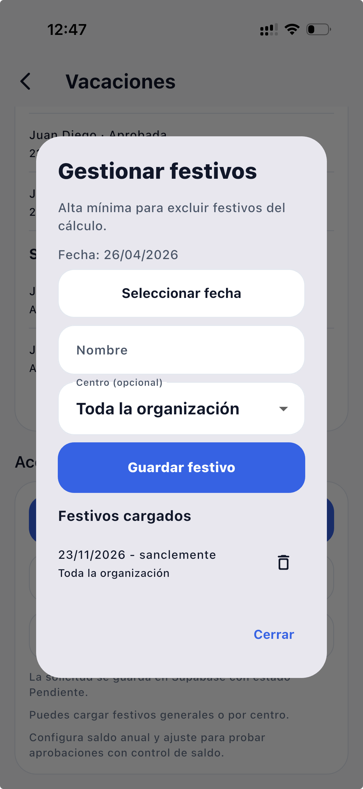 Gestionar festivos