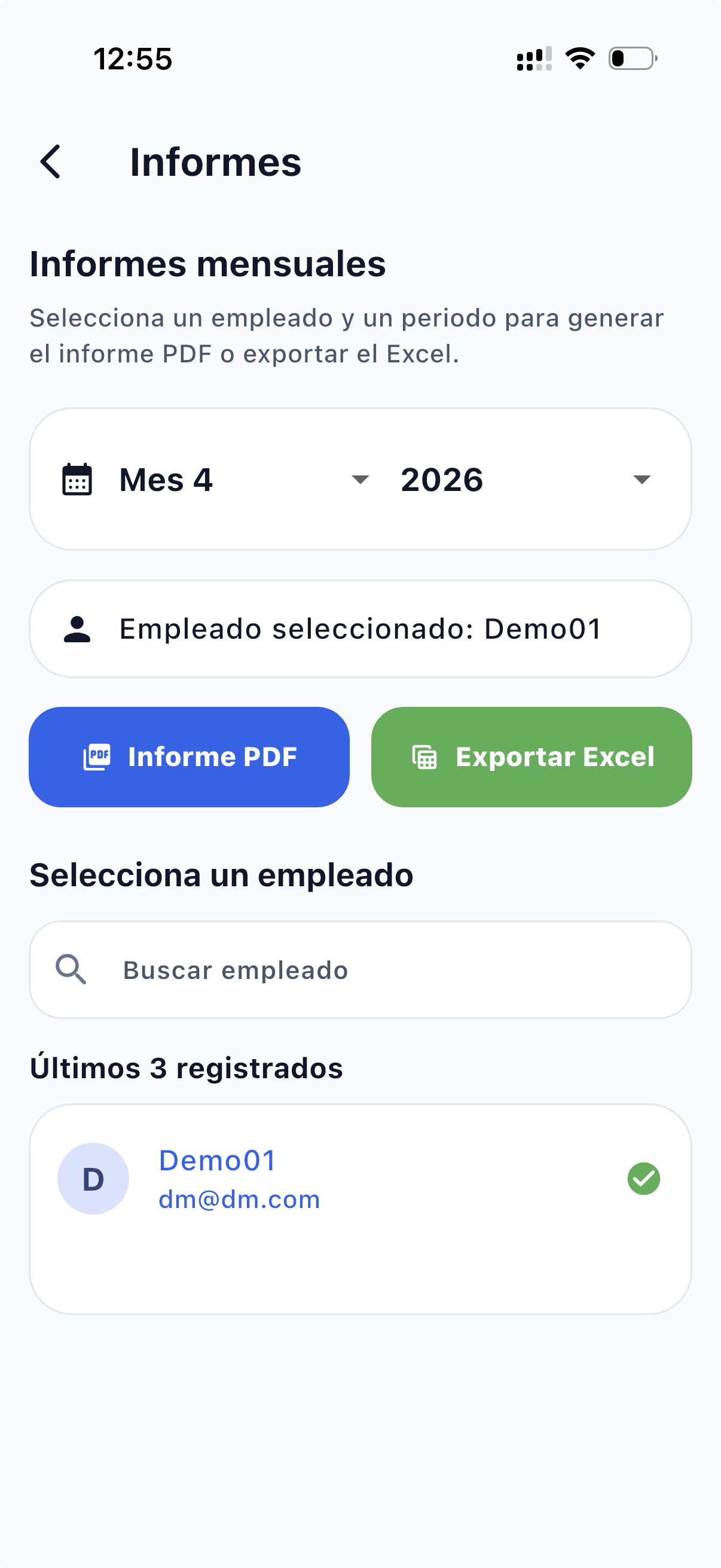 Informes mensuales — selección de empleado