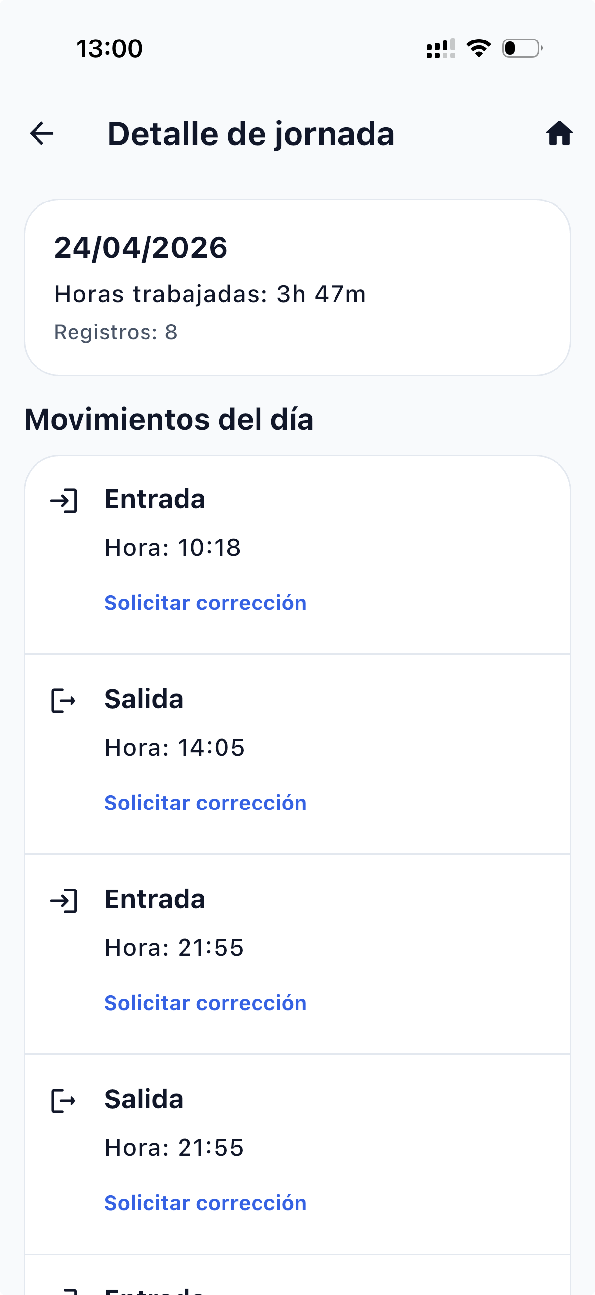 Detalle de jornada con solicitar corrección