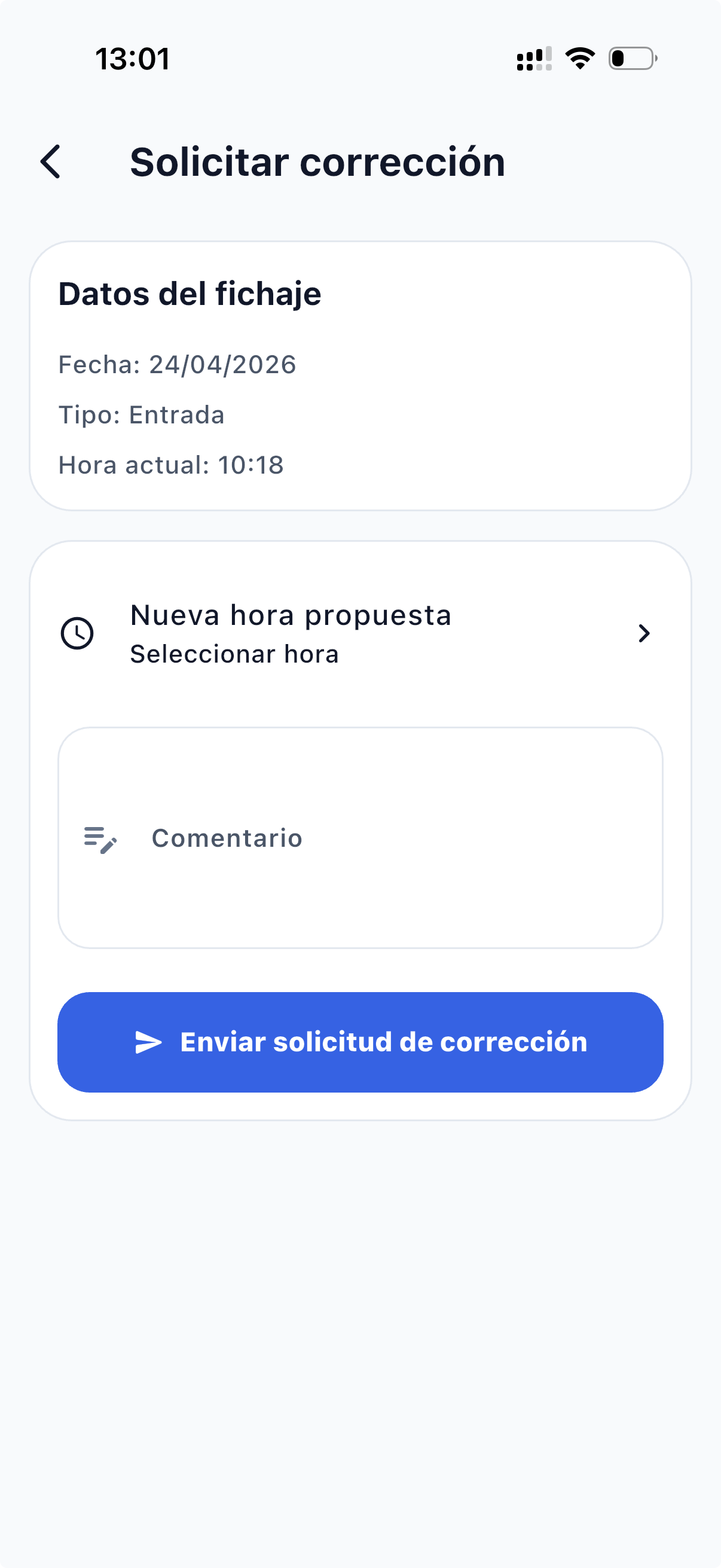 Formulario de corrección de hora