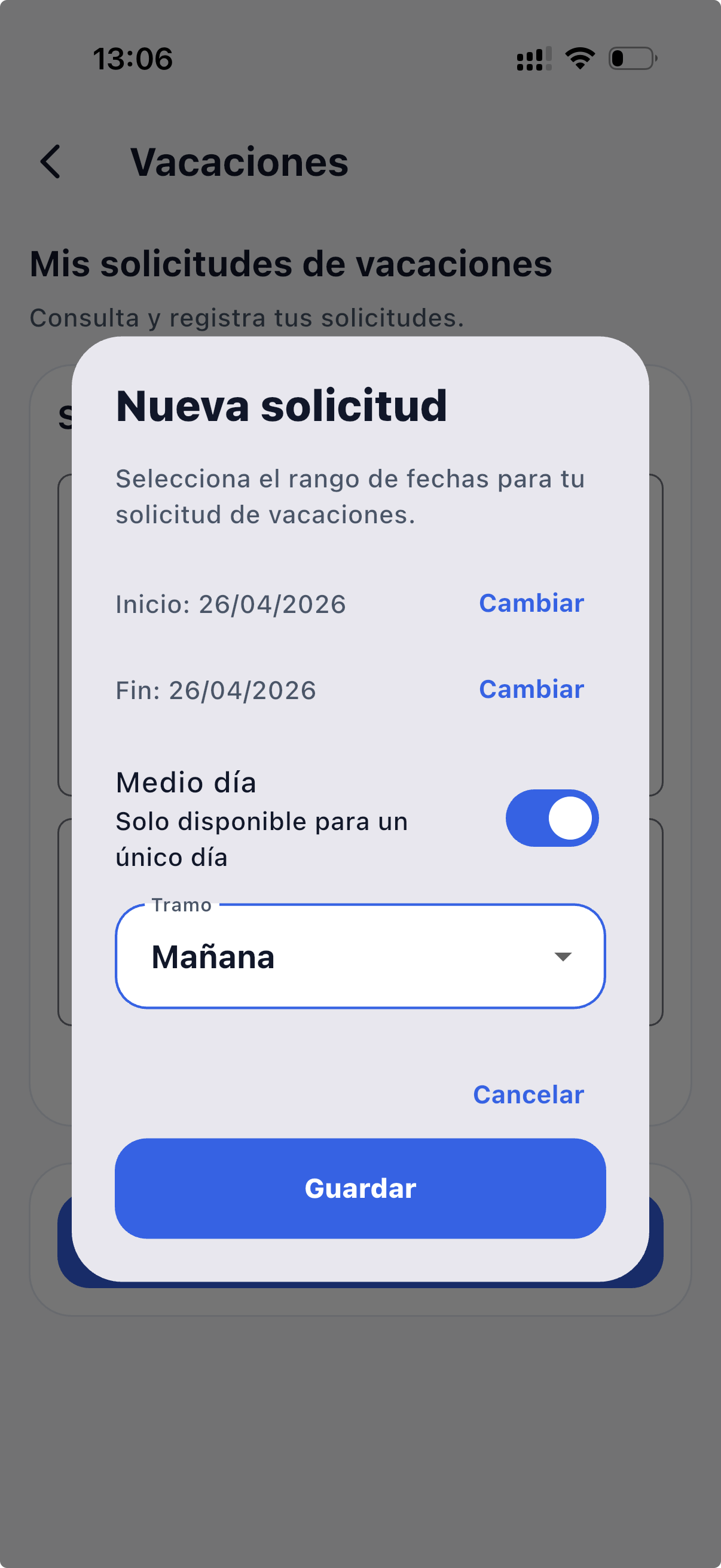 Nueva solicitud con opción de medio día