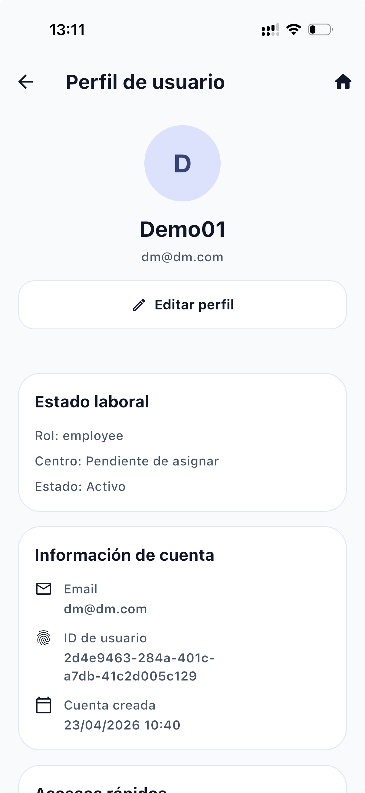 Perfil de usuario — parte superior