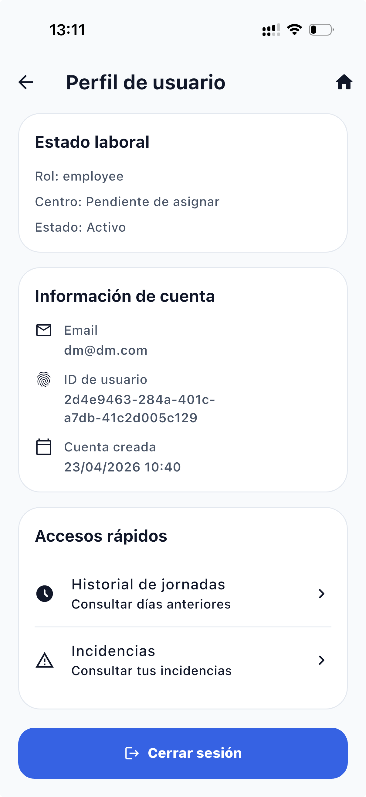 Perfil de usuario — estado, cuenta y accesos rápidos