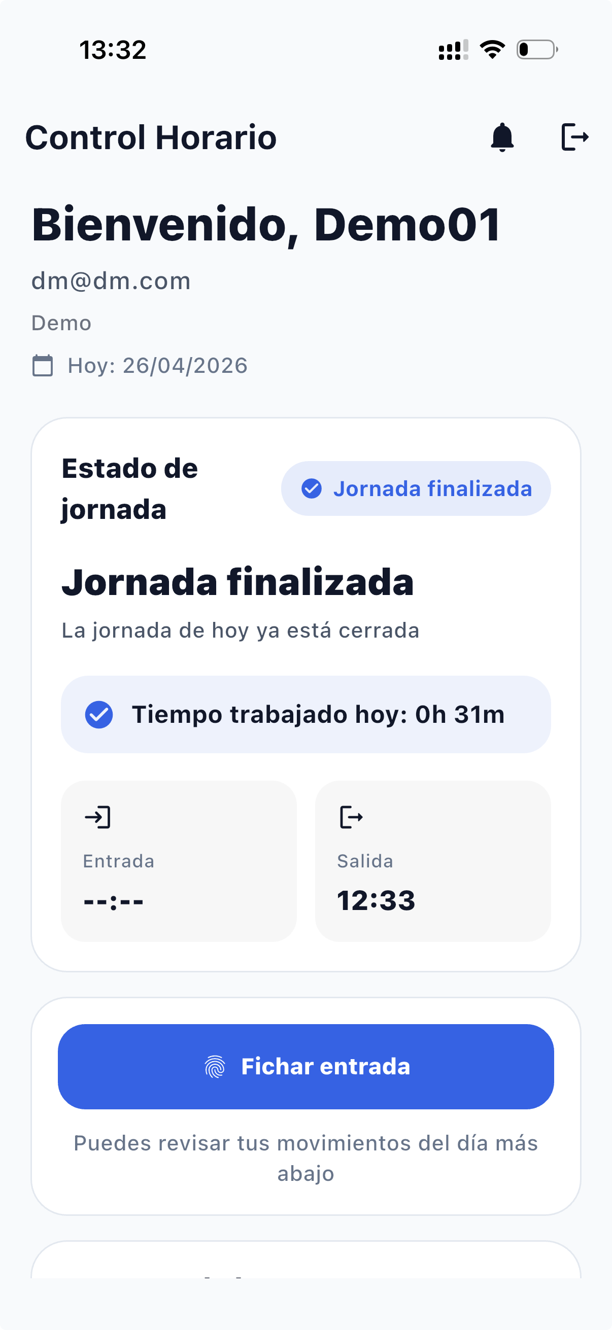 Estado: Jornada finalizada — puede fichar entrada