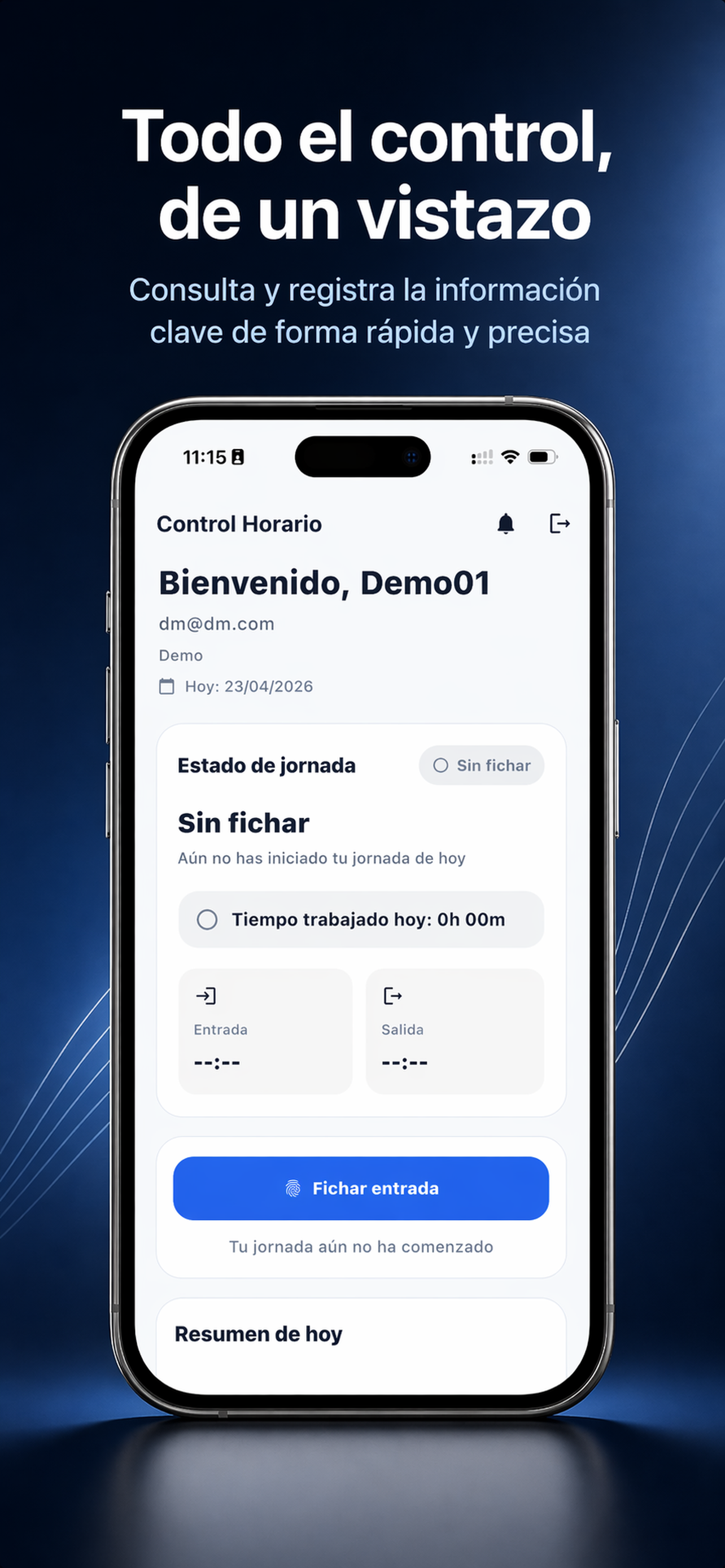 Pantalla de fichaje de entrada y salida