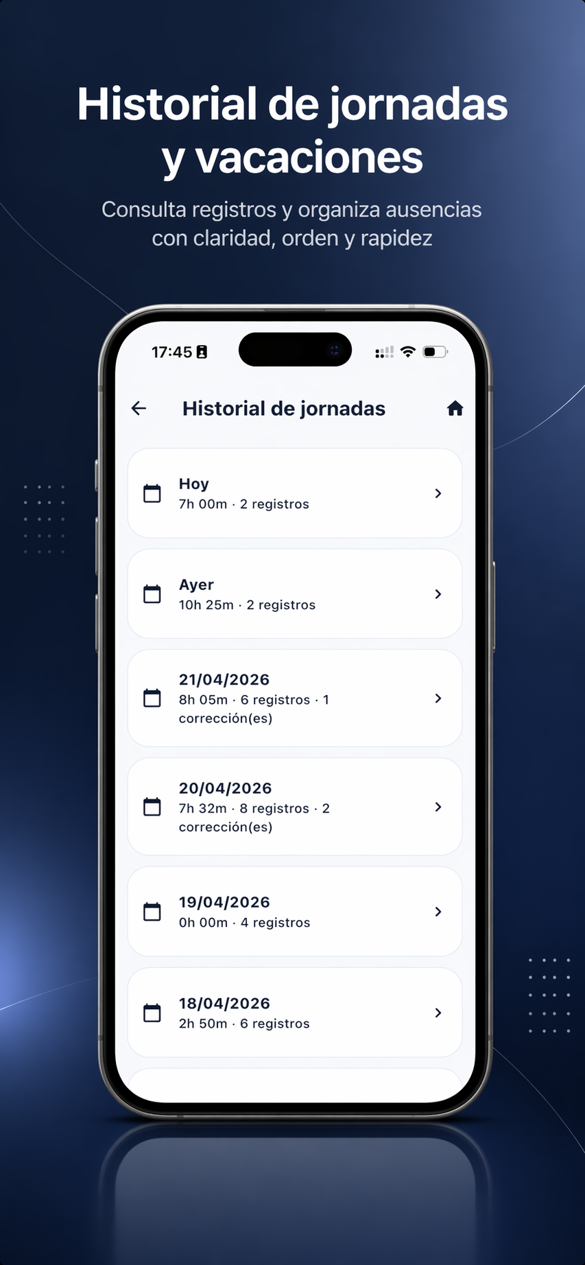Pantalla de incidencias horarias