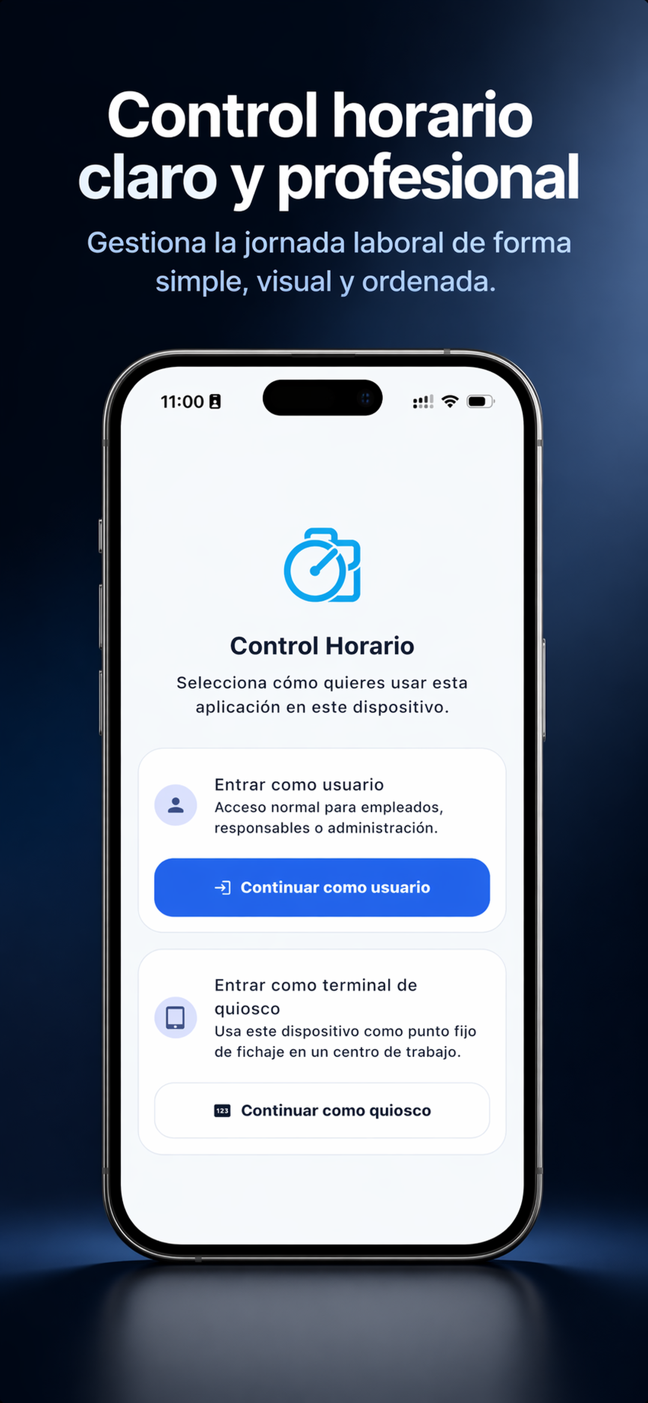 Pantalla principal de JobTimer ControlHorario